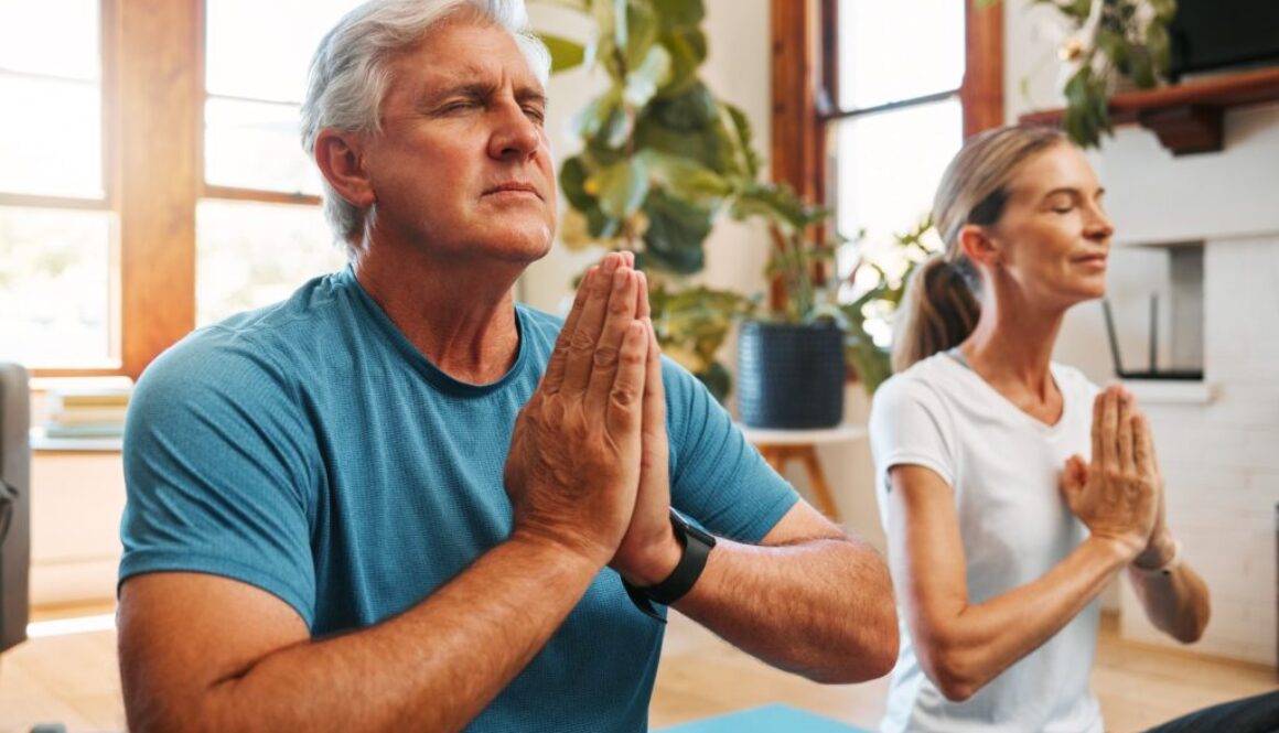 Meditation, home and senior zen couple meditate for body wellness, freedom or mindset peace on livi